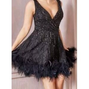Andrea & Leo Couture dress A1012 Black Sz 4 Beaded Feathers GORGEOUS!